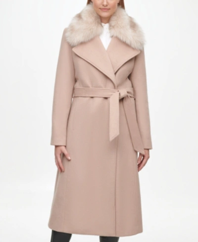 Shop Karl Lagerfeld Women's Faux Fur Collar Belted Wrap Coat In Nude