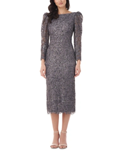 Shop Js Collections Puff-sleeve Lace Midi Dress In Smoke Gray