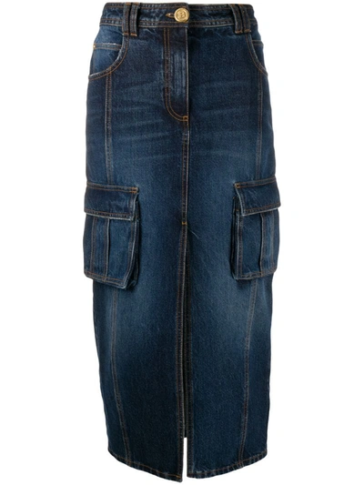 Shop Balmain Cargo-pocket Denim Pencil Skirt In Blue