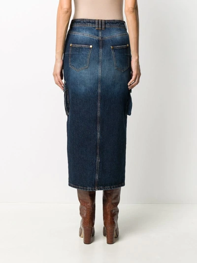 Shop Balmain Cargo-pocket Denim Pencil Skirt In Blue