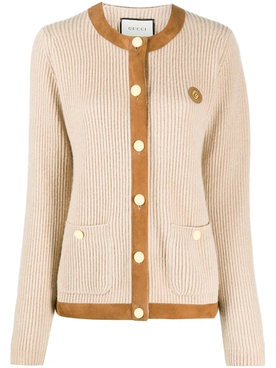 Shop Gucci Suede Trim Ribbed Cardigan In Neutrals