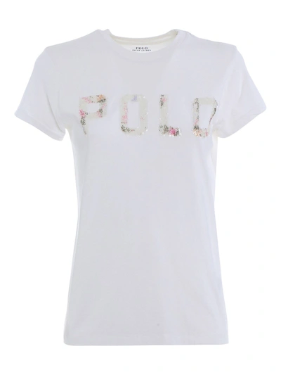 Shop Polo Ralph Lauren Sequined Cotton Logo T-shirt In White