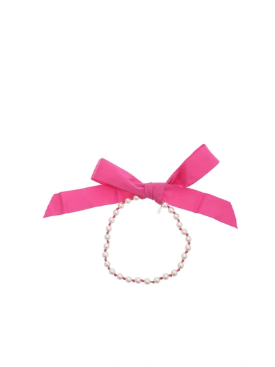 Shop Moschino Pearls And Ribbon Necklace In Fuchsia