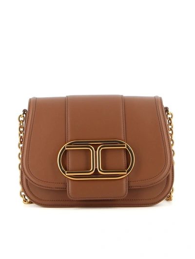Shop Elisabetta Franchi Medium Shoulder Bag With Front Monogram In Brown