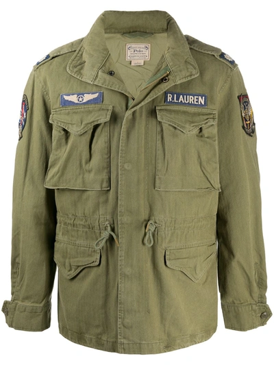 Polo Ralph Lauren M65 Logo-appliquéd Herringbone Cotton Field Jacket In  Soldier Olive W/ Patches | ModeSens