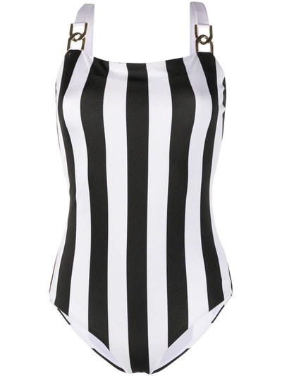 Shop Balmain Striped Swimsuit In Black
