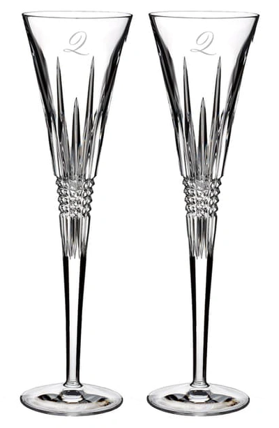 Shop Waterford Lismore Diamond Set Of 2 Monogram Lead Crystal Champagne Flutes In Clear