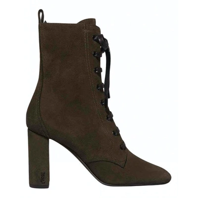 Pre-owned Saint Laurent Lou Green Suede Ankle Boots