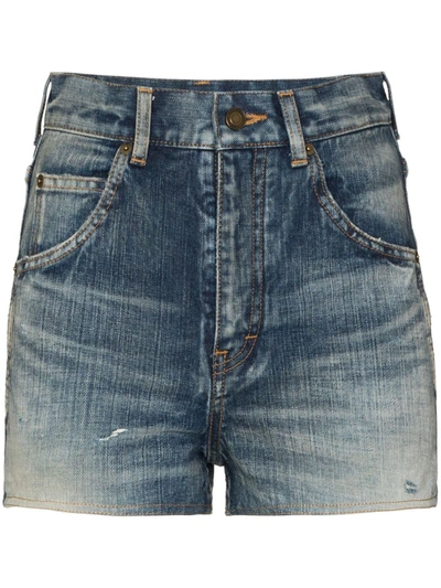 Shop Saint Laurent Destroyed-effect Denim Shorts In 蓝色