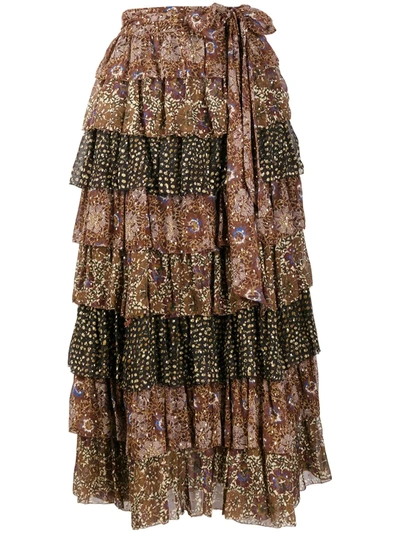 Shop Ulla Johnson Fayanna Floral-print Tiered Skirt In Brown