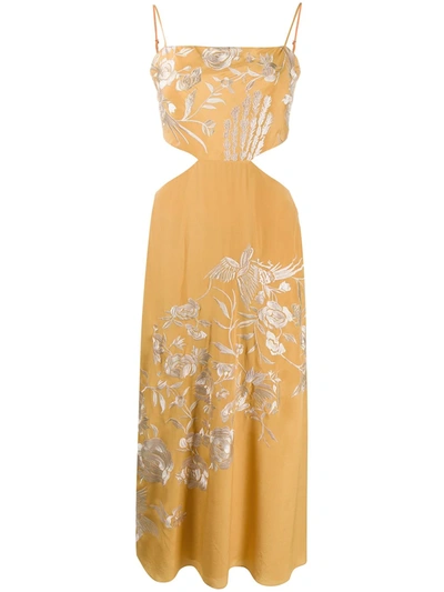 Shop Johanna Ortiz Floral-embroidered Cut-out Midi Dress In Yellow
