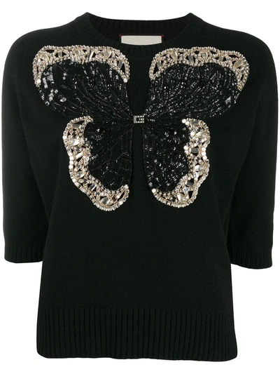 Shop Gucci Embellished Butterfly Jumper In Black