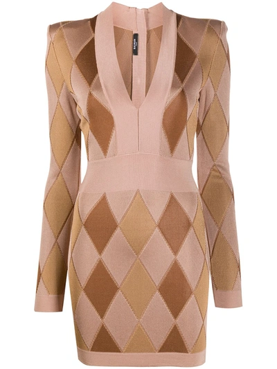 Shop Balmain Diamond-pattern Mini Dress In Brown