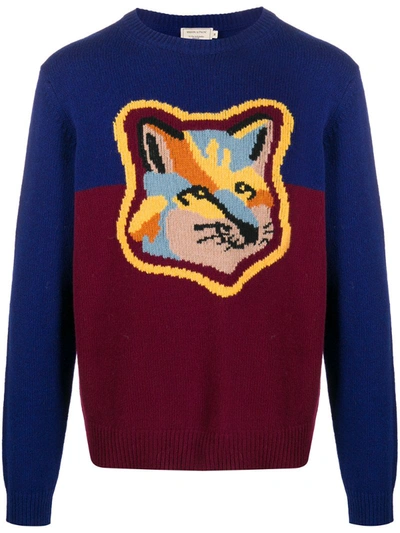 Shop Maison Kitsuné Logo Intarsia Knit Fox Jumper In Blue