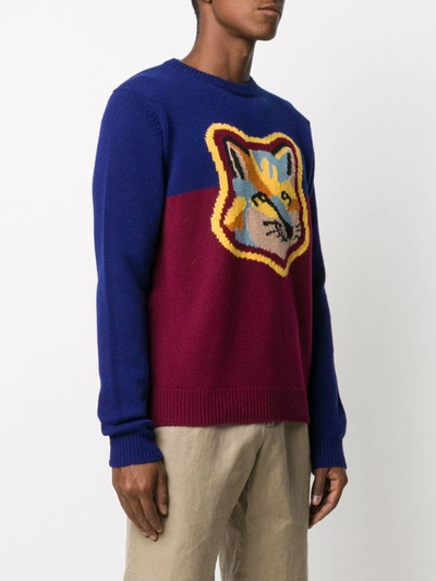 Shop Maison Kitsuné Logo Intarsia Knit Fox Jumper In Blue