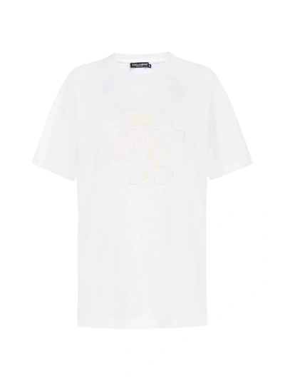 Shop Dolce & Gabbana Embroidery Logo Cotton T-shirt In Bianco Ottico