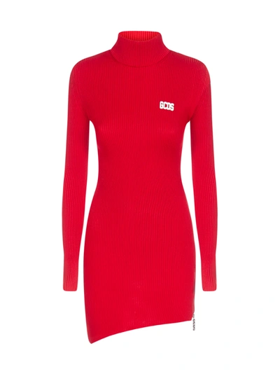 Shop Gcds Logo Asymmetrical Mini Dress In Red