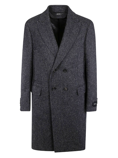 Shop Z Zegna Woven Double-breasted Coat In Black