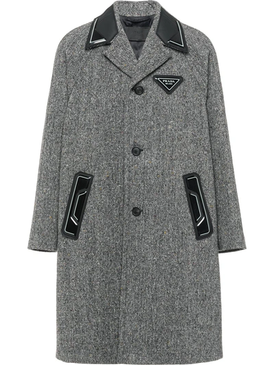 Shop Prada Rubber Detail Donegal Midi Coat In Grey