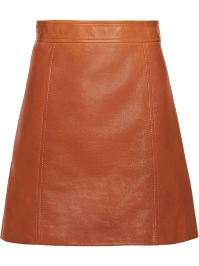Shop Prada A-line Leather Mini Skirt In Brown
