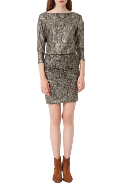 Shop Maje Ruched Metallic Ruched Woven Dress In Gold