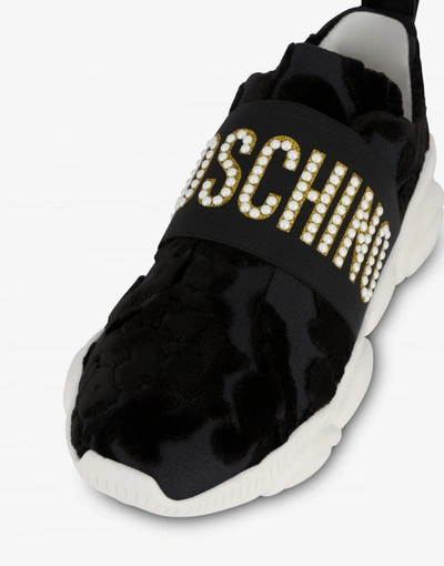 Shop Moschino Slip On Teddy Shoes In Brocade Fabric In Black