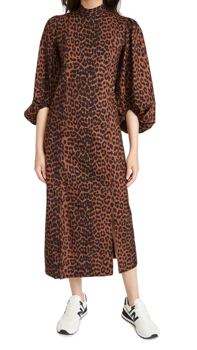 Shop Ganni Printed Cotton Poplin Mockneck Dress In Toffee