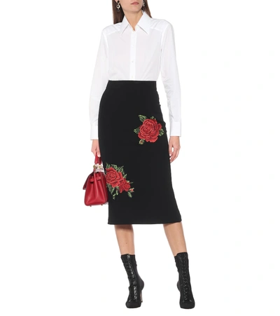 Shop Dolce & Gabbana Embroidered Crêpe Pencil Skirt In Black