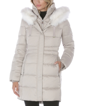 tahari faux fur trim puffer coat