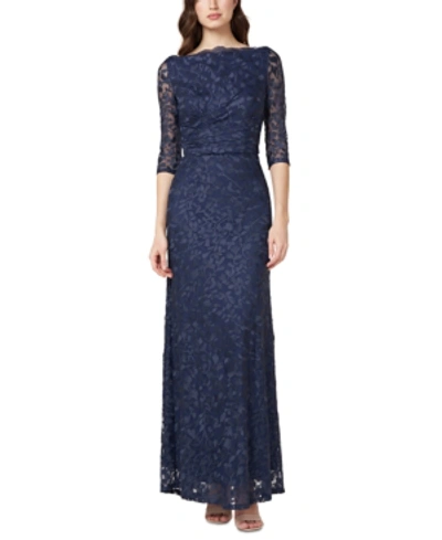 Shop Js Collections Embroidered Floral Gown In Navy