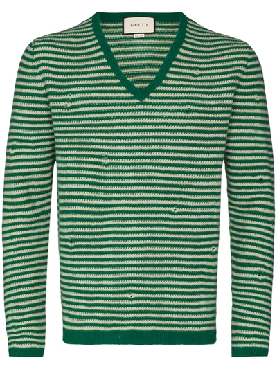 Shop Gucci Distressed Striped Wool Jumper In Green