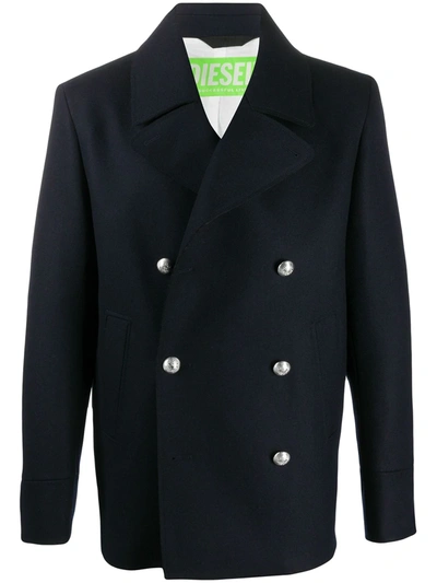 Shop Diesel Double-breasted Wool Coat In Blue