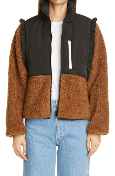 Shop Sandy Liang Mia Ruffle Shoulder Fleece Jacket In Teddy Brown