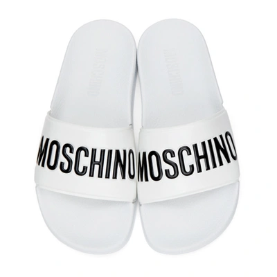 Shop Moschino White Logo Slides