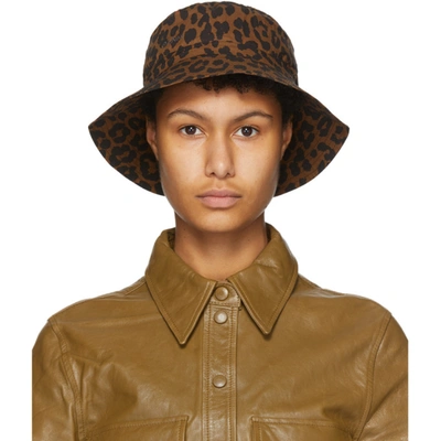 Shop Ganni Black And Brown Leopard Bucket Hat In Toffee