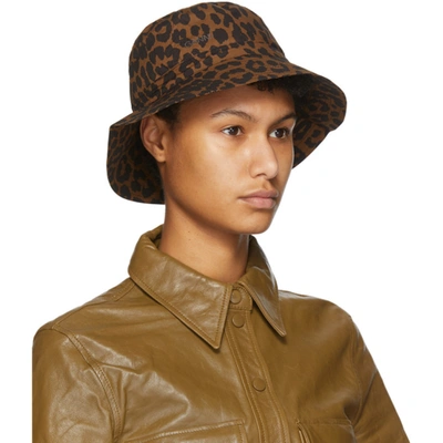 Shop Ganni Black And Brown Leopard Bucket Hat In Toffee