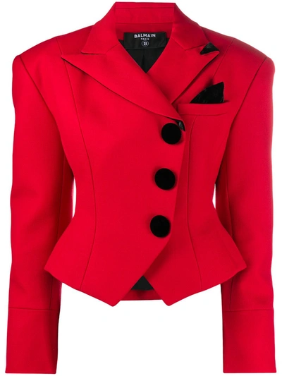Shop Balmain Asymmetric Button-fastening Jacket In Red