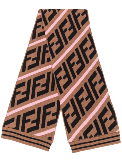 Shop Fendi Ff Motif Intarsia-knit Scarf In Neutrals
