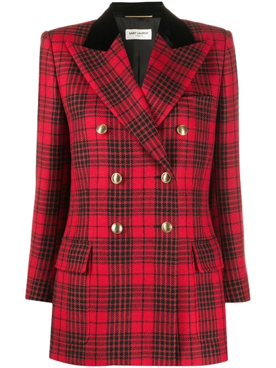 Shop Saint Laurent Check-pattern Double-breasted Blazer In Red