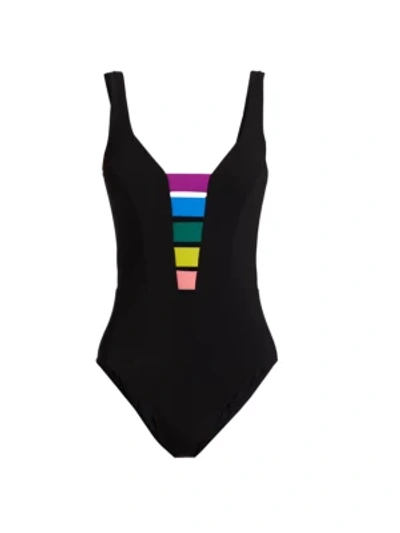 Shop Karla Colletto Swim Juno V-neck Multicolor Insert One-piece Swimsuit In Black