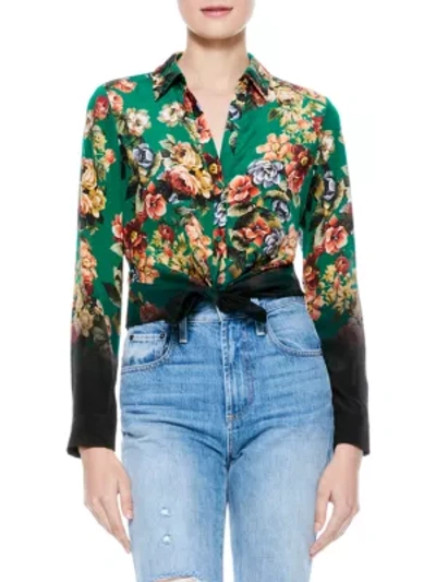 Shop Alice And Olivia Eloise Button-down Blouse In Cloud Dancer Dark Teal Multi