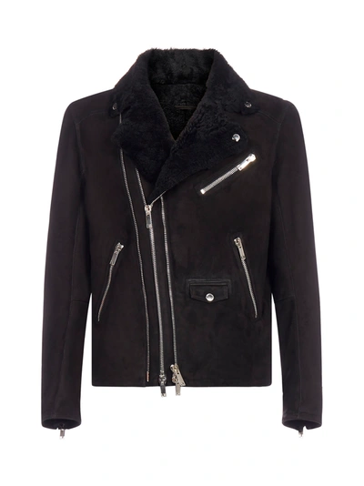 Shop Les Hommes Biker-style Leather And Shearling Jacket In Black
