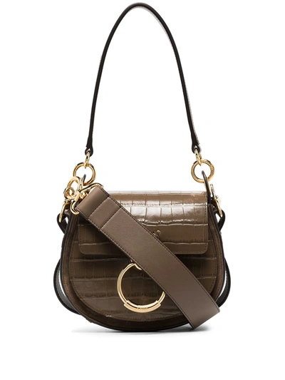 Shop Chloé Small Tess Croc-effect Shoulder Bag In Brown