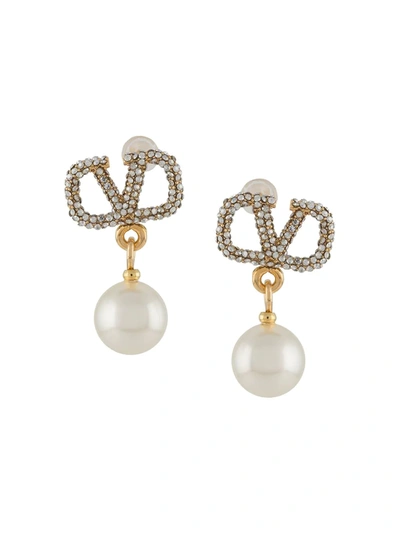 Shop Valentino Vlogo Faux-pearl Drop Earrings In Gold