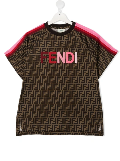 Shop Fendi Logo Patch Monogram T-shirt In Brown