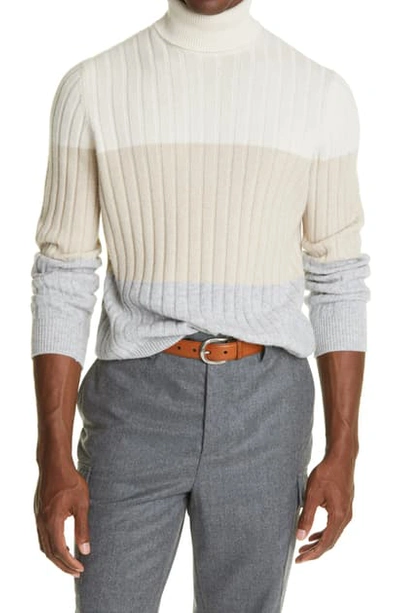 Shop Brunello Cucinelli Stripe Rib Turtleneck Cashmere Sweater In Pebble