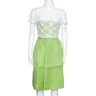 Pre-owned Valentino Lime Green Silk Contrast Lace Detail Sheath Dress L