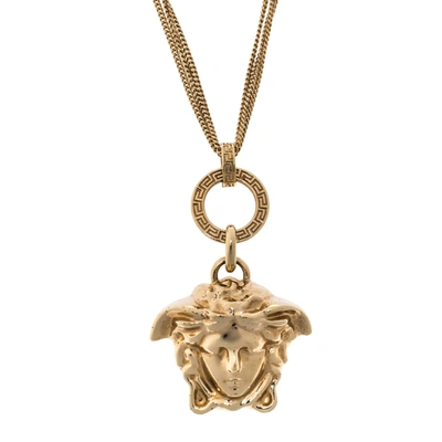 Pre-owned Versace Gold Tone Triple Chain Medusa Pendant Necklace