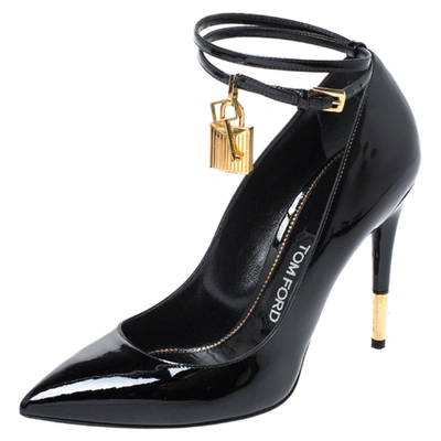 Pre-owned Tom Ford Black Patent Leather Padlock Ankle Wrap Pointed Toe Pumps Size 39.5