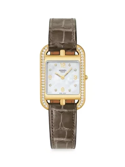 Pre-owned Hermes Cape Cod 29mm Diamond, 18k Yellow Gold & Alligator Strap Watch In Brown